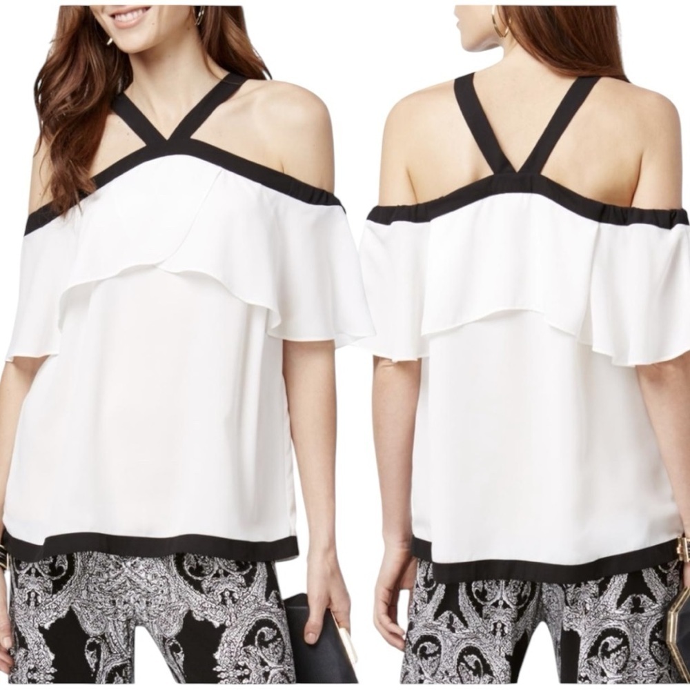 INC Black White Ruffle Off The Shoulder Contrast Straps Flowy Blouse Size Medium